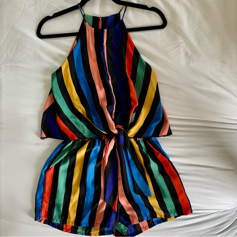 The Impeccable Pig Tyche Rainbow Striped Keyhole Romper - Small